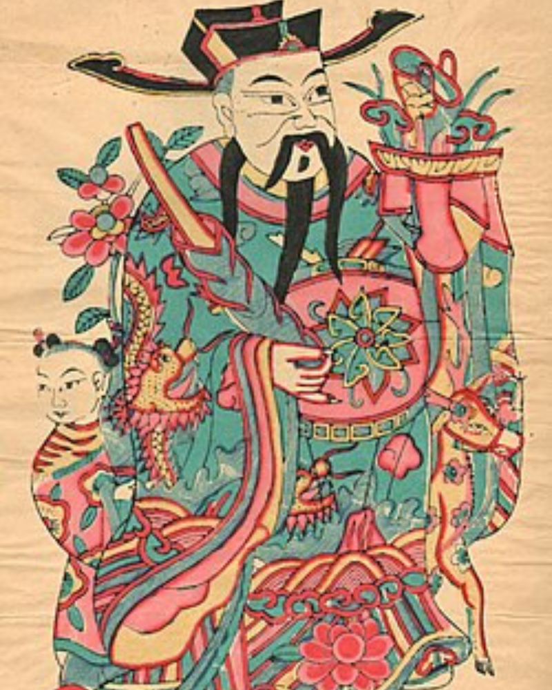 Traditional Chinese woodblock print of Zhong Kui as a protective door god for Chinese New Year